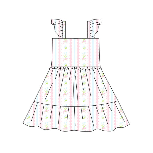 Preorder(moq 5) Baby Girls Bows Flowers Stripe Patchwork Knee Length Dresses