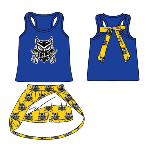 Split Preorder July 20th Baby Girls Blue Sleeveless OWLS Vests Top Plaid Skorts Team Set