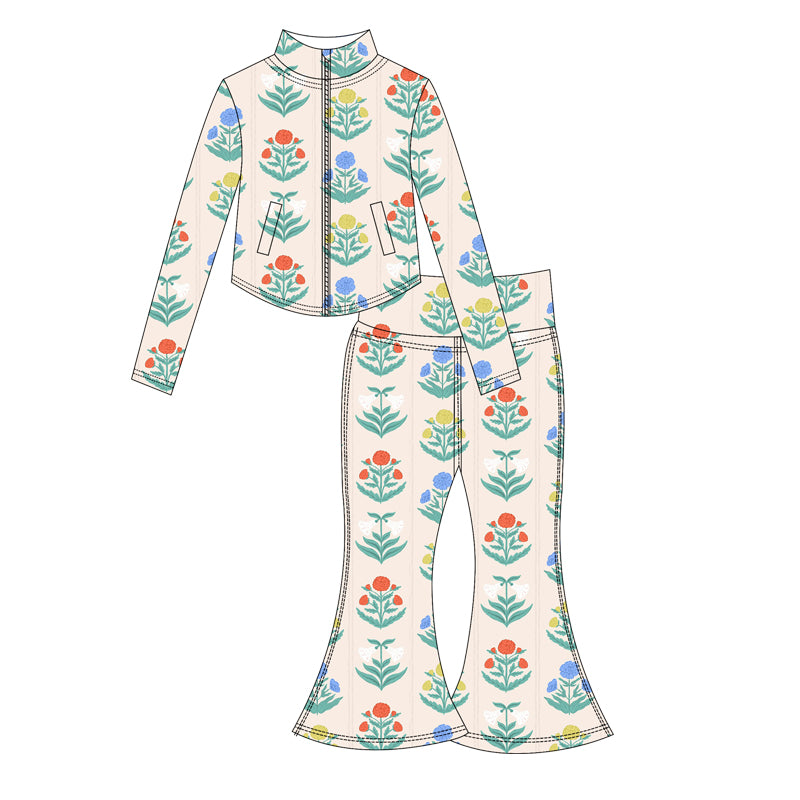 Preorder moq 10 Baby Girls Colorful Flowers Plaid Long Sleeves Pockets Zipper Top Bell Bottom Pant Activity Wear Yoga Set