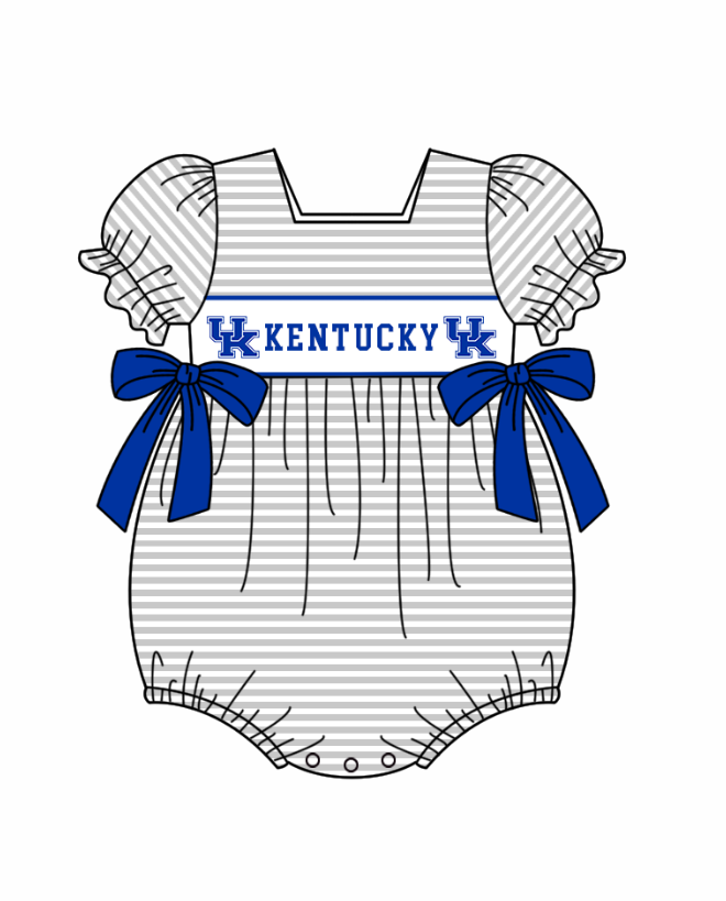 Preorder (moq 5)Baby Girls Kentucky UK Bows Stripe Team Ruffle Rompers