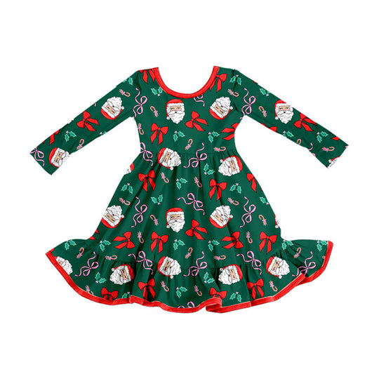 Preorder (moq 5)Baby Girls Dark Green Santa Bows Holly Christmas Ruffle Knee Length Dresses