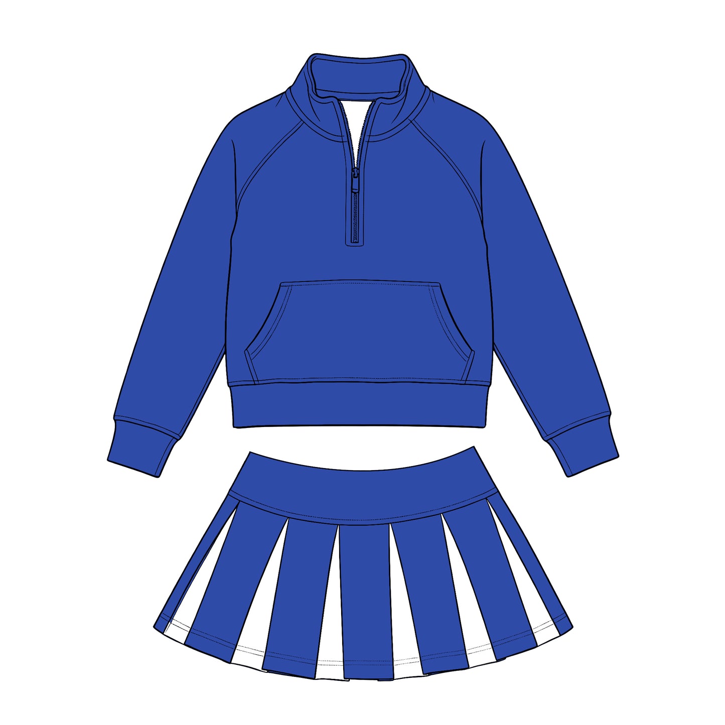 Preorder (moq 5) Baby Girls Hot Blue Zip Pockets Pullovers White Pleated Skirt Short Clothes Sets