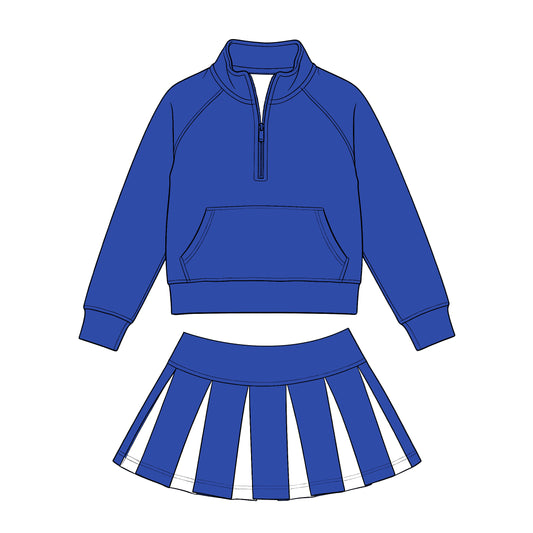 Preorder (moq 5) Baby Girls Hot Blue Zip Pockets Pullovers White Pleated Skirt Short Clothes Sets
