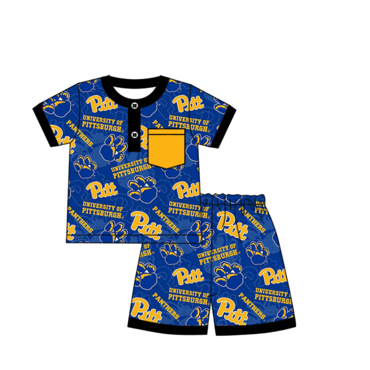 Preorder (moq 5)Baby Boys Short Sleeves Blue Panthers Button Pocket Top Shorts Team Pajamas Set