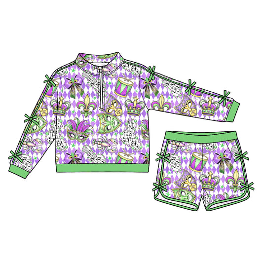 Preorder (moq5) Baby Girls Purple Checked Bows Anchors Zip Pullover Pockets Short Mardigras Set