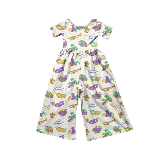 Preorder (moq 5) Baby Girl Clothes Mardi Gras Mask Crown Print Short Sleeve Wide Leg Jumpsuit