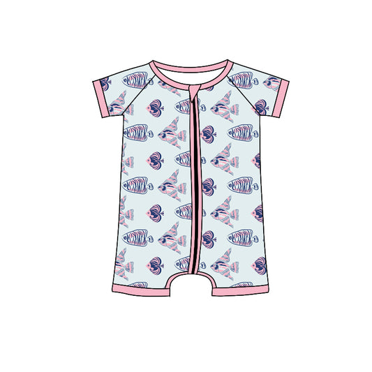 Preorder(moq 5)Baby Infant Girls Cute Fish Zip Summer Rompers