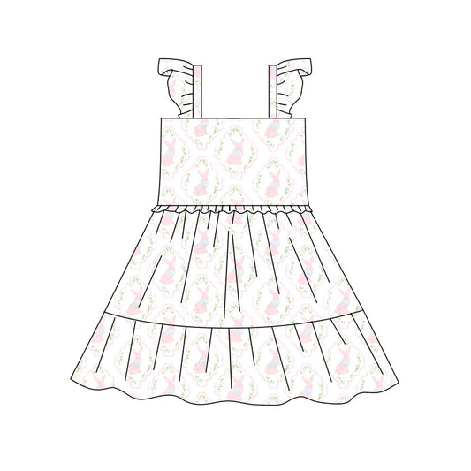 Preorder(moq 5) Baby Girls Flowers Rabbits Plaid Easter Patchwork Knee Length Dresses