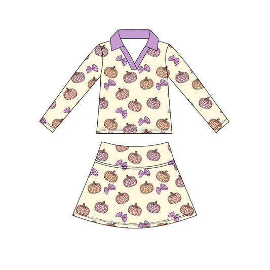 Preorder (moq 5)Baby Girls Checked Pumpkins Bows Top Skirt Shorts Fall Clothes Sets