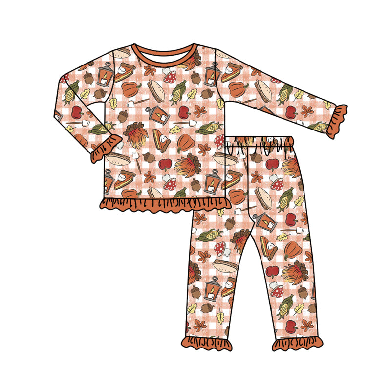 Preorder (moq 5)Baby Girls Long Ruffle Sleeves Pumpkins Plaid Top Pants Pajamas Set