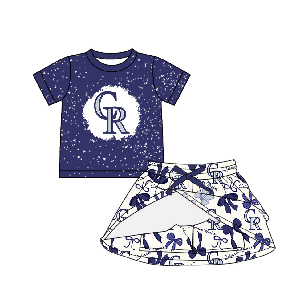 Preorder (moq 5)Baby Girls Hot Blue Short Sleeves CR Top Bows Plaid Skorts Team Set