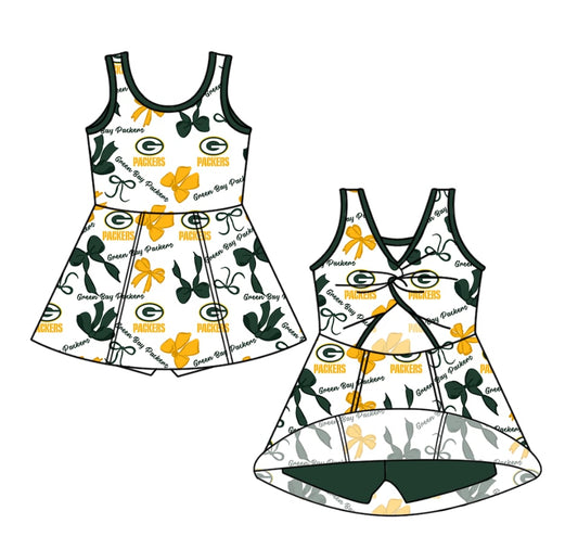 Split Preorder July 20th Baby Girls Sleeveless Packers G Bows Plaid Shorts Team Knee Length Dresses