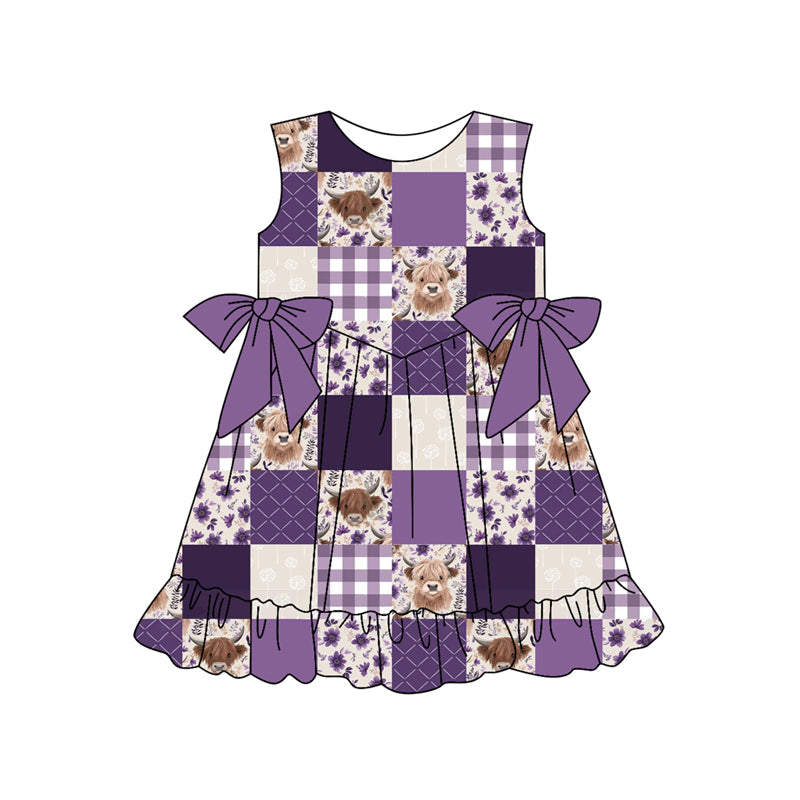 Preorder (moq 5)Baby Girls Western Purple Flowers Cows Knee Length Dresses