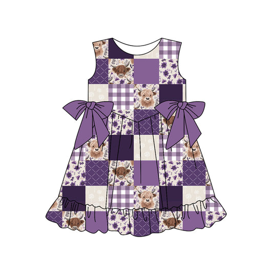 Preorder (moq 5)Baby Girls Western Purple Flowers Cows Knee Length Dresses