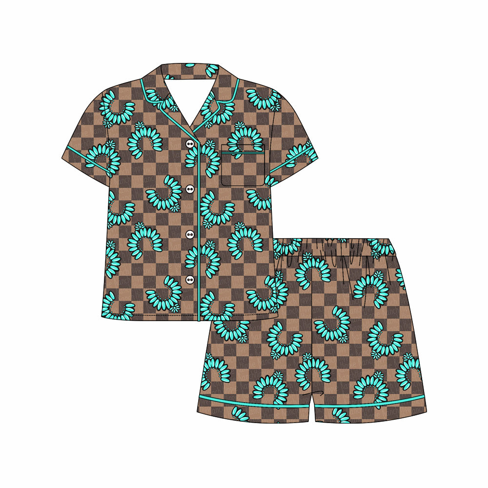 Preorder moq 5 Adult Short Sleeve Khaki Checked Turquoises Button Pockets Top Shorts Western Pajamas Sets