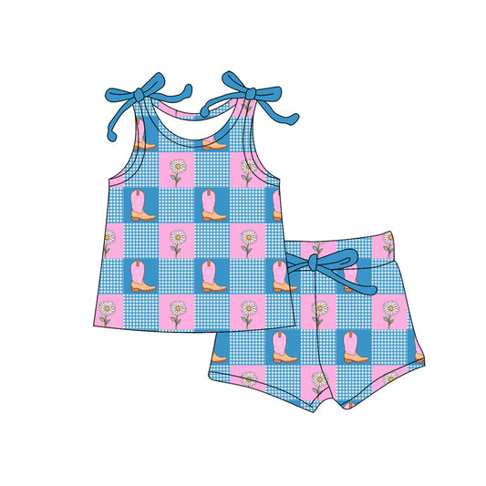 Preorder (moq 5)Baby Girls Boot Flowers Checked Vests Top Shorts Western Clothes Sets