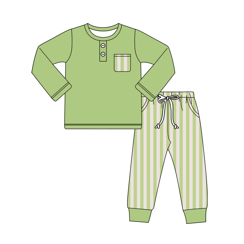 Preorder (moq 5)Baby Boys Green Long Sleeves Button Pocket Top Stripes Legging Pant Set