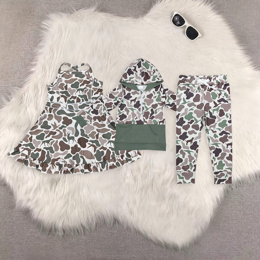 Sibling Baby Kids Ducks Dogs Camo Hooded Pants Sets Strap Yoga Shots Dresses