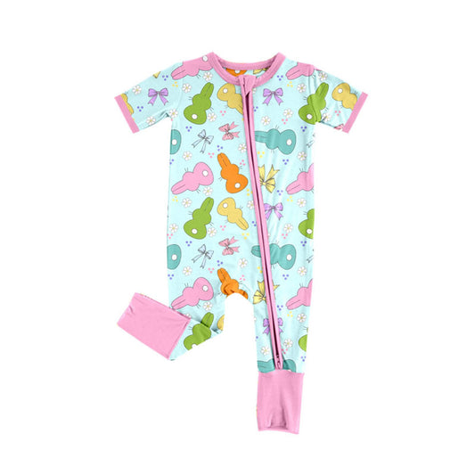 Preorder (moq 8)Baby Girls Colorful Bows Rabbits Easter Zipper Footie Rompers