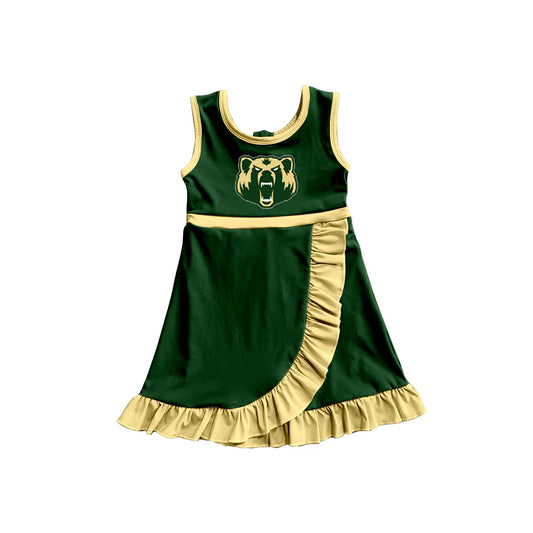 Preorder (moq 5)Baby Girls Green Sleeveless Bears Short Team Ruffle Knee Length Dresses