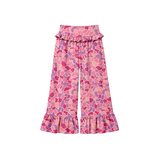 Preorder (moq 5) Baby Girl Clothes Pink Purple Camo Mixed Print Long Waist Ruffle Bell Bottom Pants