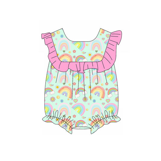 Preorder (moq 5)Baby Girls Rainbow Flower Hearts Valentines Ruffle Rompers
