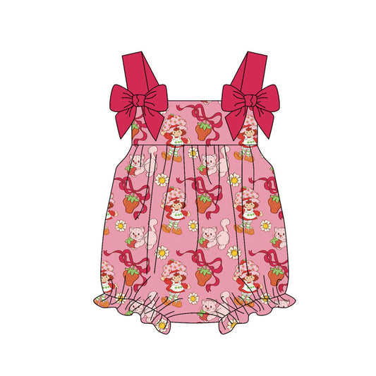 Preorder (moq 5)Baby Strawberry Girls Bows Flowers Strap Ruffle Rompers