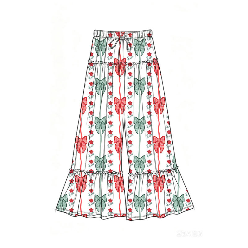 Preorder (moq 5)Baby Girls Green Red Bows Flowers Christmas Bell Bottom Pants