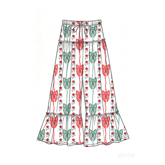 Preorder (moq 5)Baby Girls Green Red Bows Flowers Christmas Bell Bottom Pants