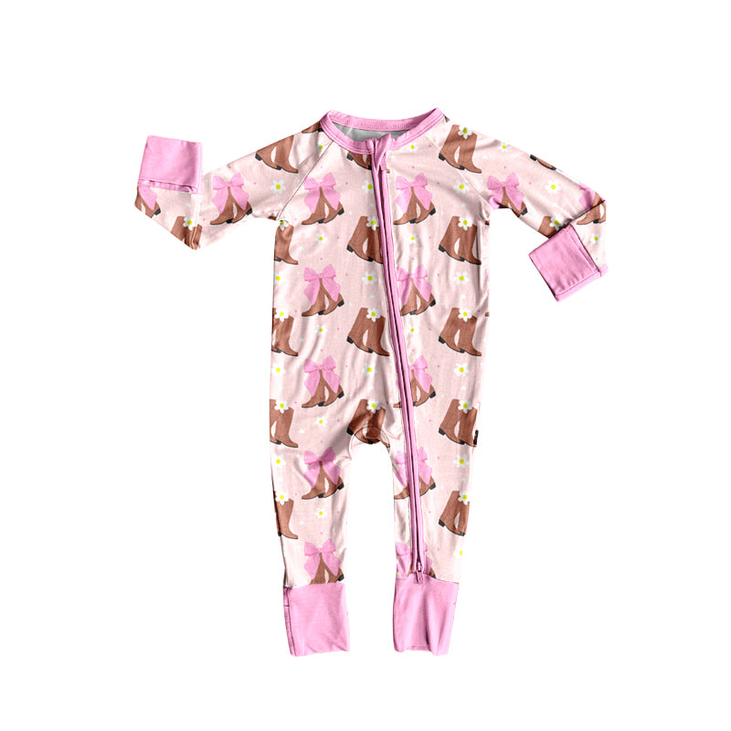 Preorder(moq 5)Baby Girls Western Boots Bows Zipper Footie Rompers