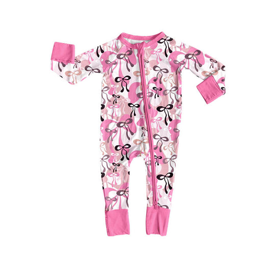 Preorder (moq 8)Baby Girls Pink Black Bows Plaid Zipper Footie Rompers
