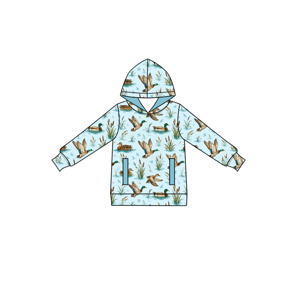 Preorder (moq 5) Baby Boy Light Blue Duck Pond Reed Print Long Sleeve Hoodie