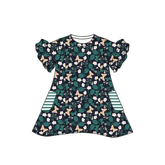 Preorder (moq 5)Baby Girls Short Ruffle Sleeve Flowers Butterfly Pockets Knee Length Dress