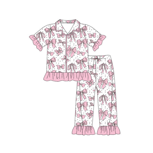 Preorder (moq 5)Baby Girls Bows Polka Dots Button Top Ruffle Pant Pajamas Sets