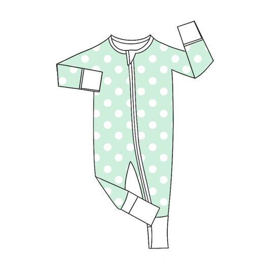 Preorder (moq 5)Baby Girls Green Polka Dots Two Way Zip Convertible Rompers