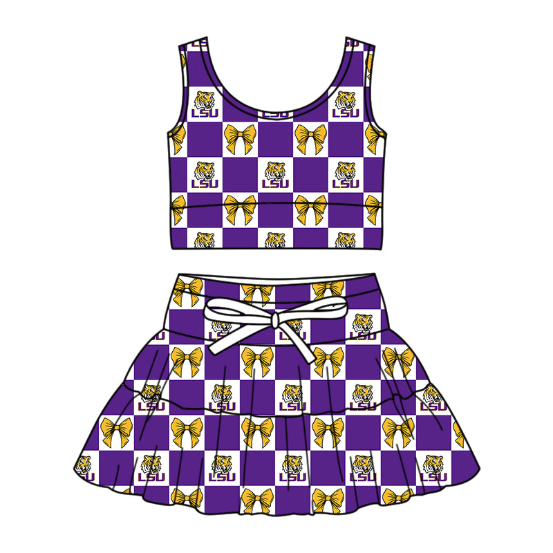 Preorder (moq 5)Baby Girls LSU Bows Checked Vests Skirt Shorts Team Clothes Sets
