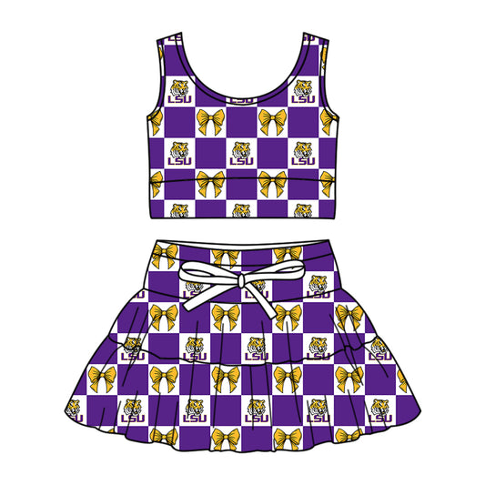 Preorder (moq 5)Baby Girls LSU Bows Checked Vests Skirt Shorts Team Clothes Sets