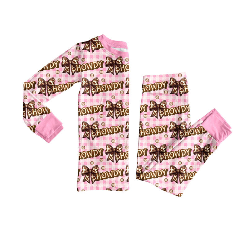Preorder (moq 5)Baby Girls Pink Checked Bows Howdy Top Pant Pajamas Sets