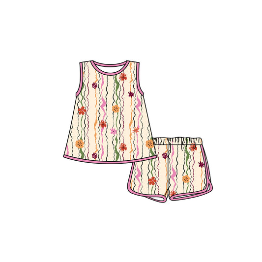 Preorder (moq 5)Baby Girls Sleeveless Stripe Flowers Tunic Shorts Clothes Sets