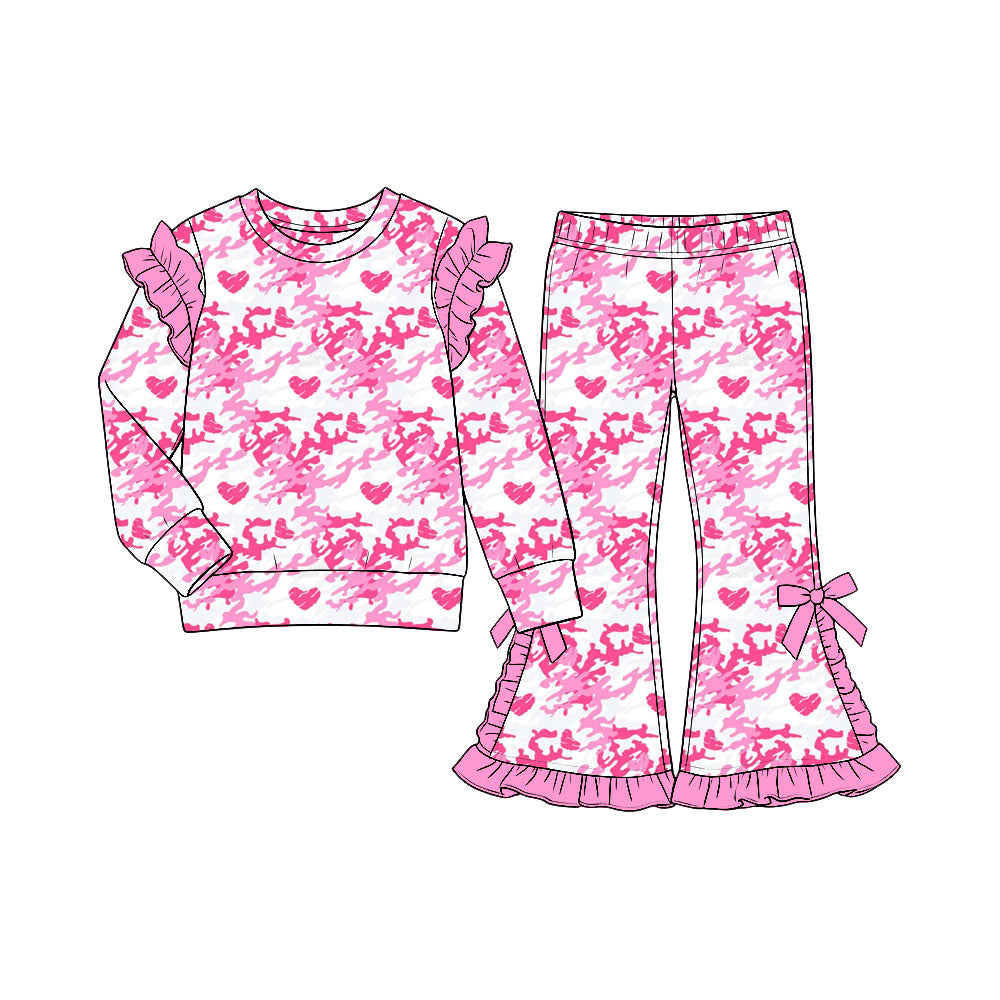 Preorder (moq5) Baby Girls Pink Camo Hearts Shirt Top Bell Bottom Pant Valentines Clothes Set