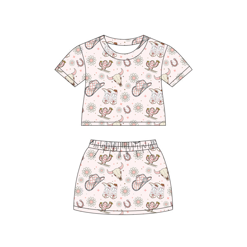 Preorder (moq 5)Baby Girls Cactus Bull Skulls Top Skirt Shorts Western Clothes Set