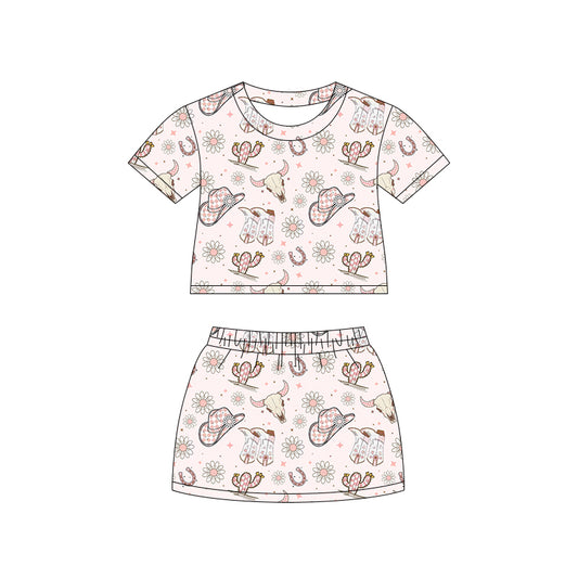 Preorder (moq 5)Baby Girls Cactus Bull Skulls Top Skirt Shorts Western Clothes Set