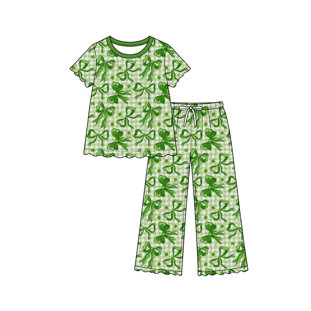 Pre-order(moq5)  Girls’ Green Round-Neck Short Bow-Sleeve Clover Ruffle Elastic-Waist Wide-Leg Pants Set