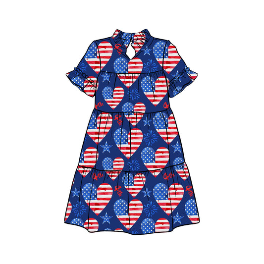 Preorder (moq 5)Baby Girls Flag Hearts Stars 4th of July Patchwork Knee Length Dresses