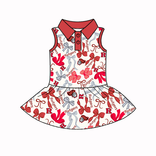 Preorder (moq 5)Baby Girls Red Sleeveless Rutgers Bows Plaid Button Team Knee Length Dresses
