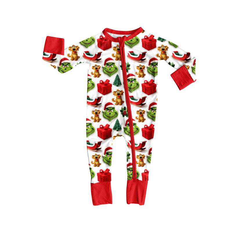 Preorder(moq 5)Baby Infant Boys Green Face Gifts Christmas Zipper Rompers