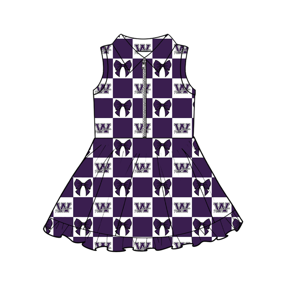 Preorder (moq 5)Baby Girls Zip Purple Bows Checked Walhalla Yoga Active Team Short Knee Length Dress