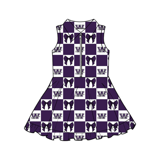 Preorder (moq 5)Baby Girls Zip Purple Bows Checked Walhalla Yoga Active Team Short Knee Length Dress