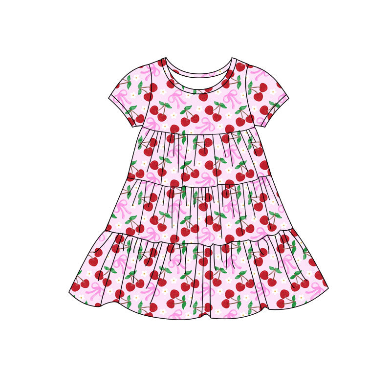 Preorder(moq 5) Baby Girls Bows Cherry Flowers Patchwork Ruffle Knee Length Dresses