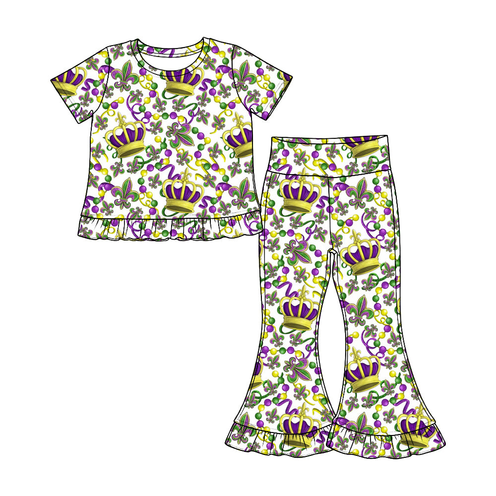 Preorder(moq 5) Girls Ruffle Short Sleeve Top & Ruffle Flare Pants Set Kids Two‑Piece Casual Outfit Set
